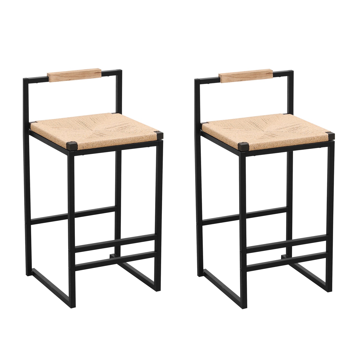 Two industrialstyle counter stools with black metal frames and natural woven seats