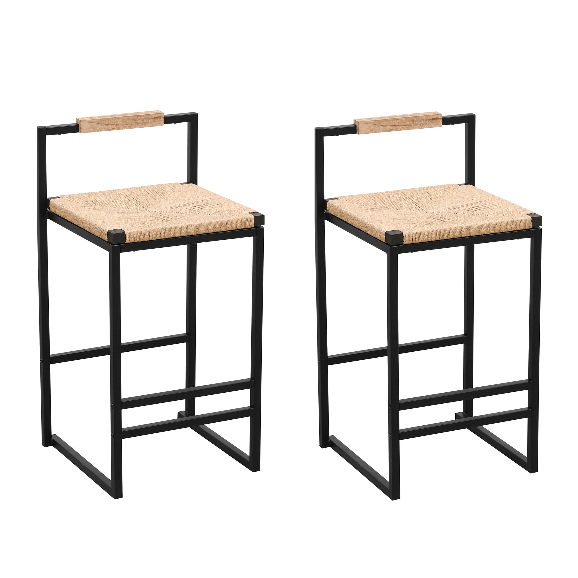 Two industrialstyle counter stools with black metal frames and natural woven seats