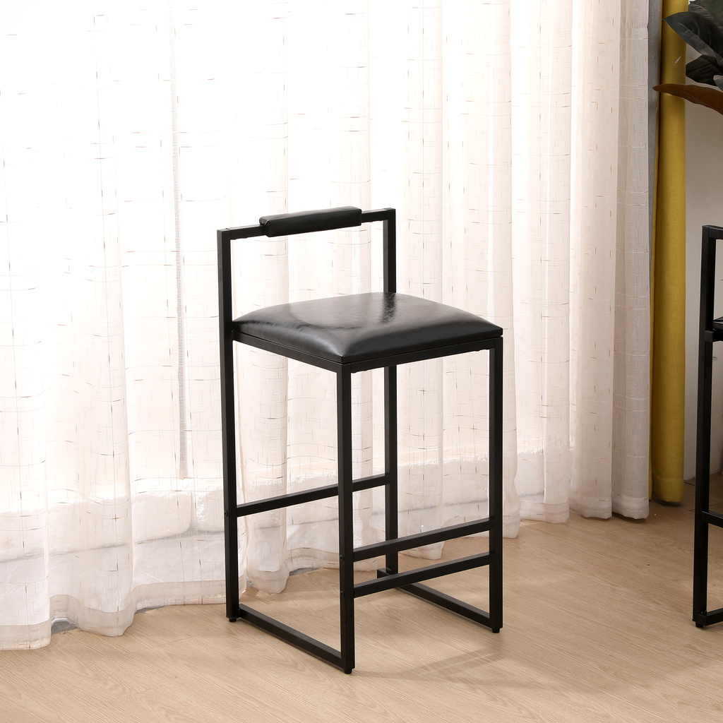 Black leather upholstered modern bar stool with a sleek metal frame