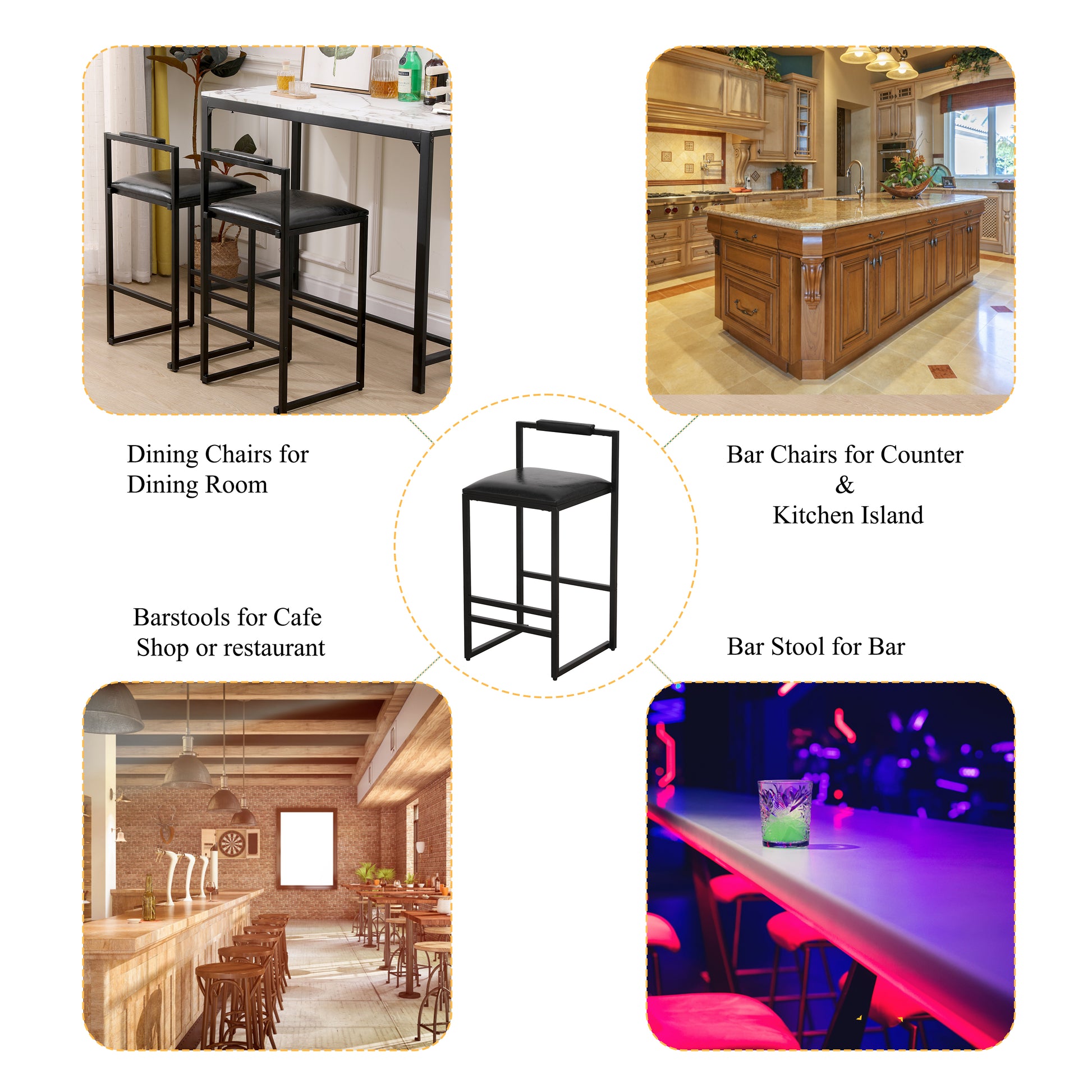 Black faux leather and metal bar stools with minimalist design perfect for dining rooms