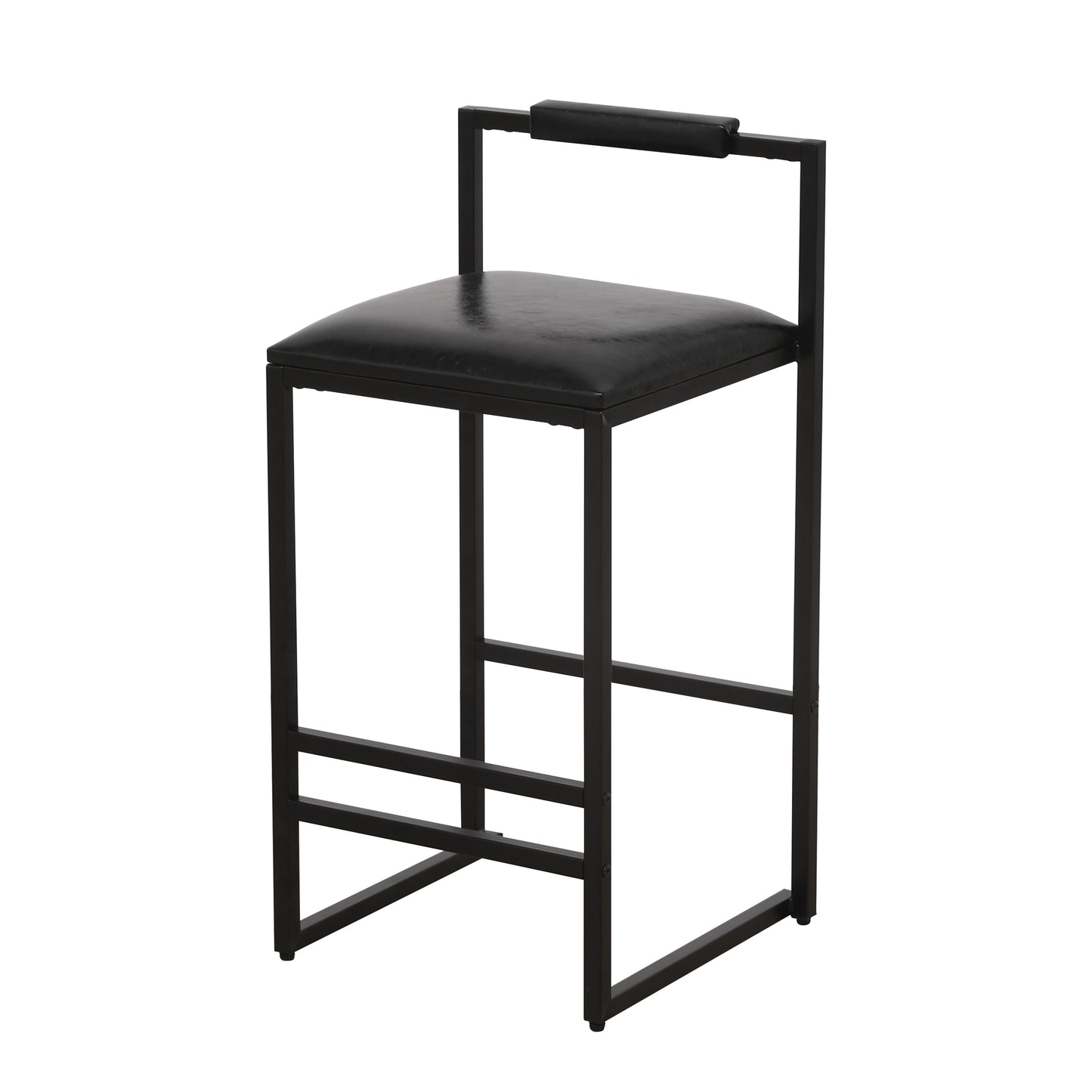 Black faux leather upholstered bar stool with a matte black metal frame