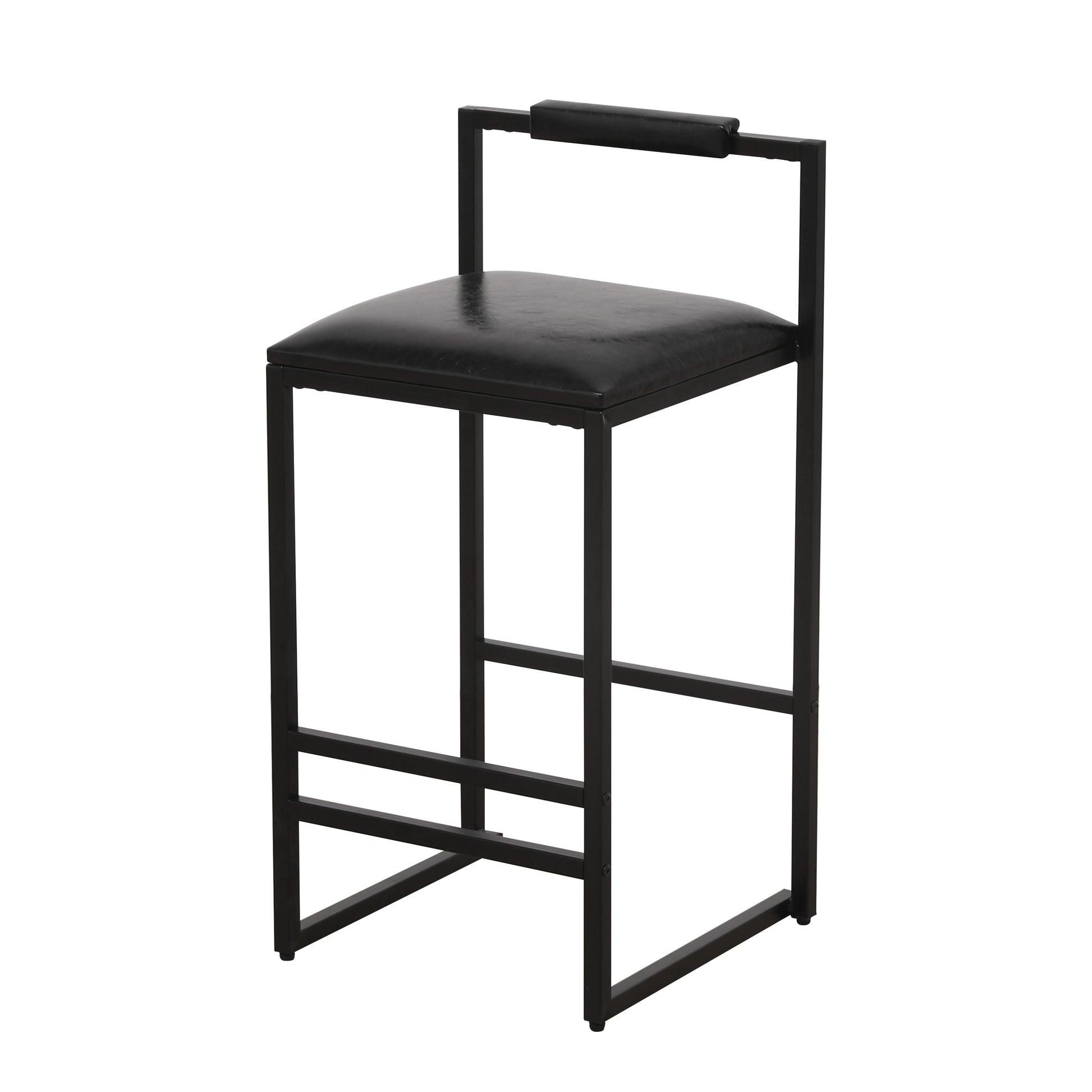 Black faux leather upholstered bar stool with a matte black metal frame