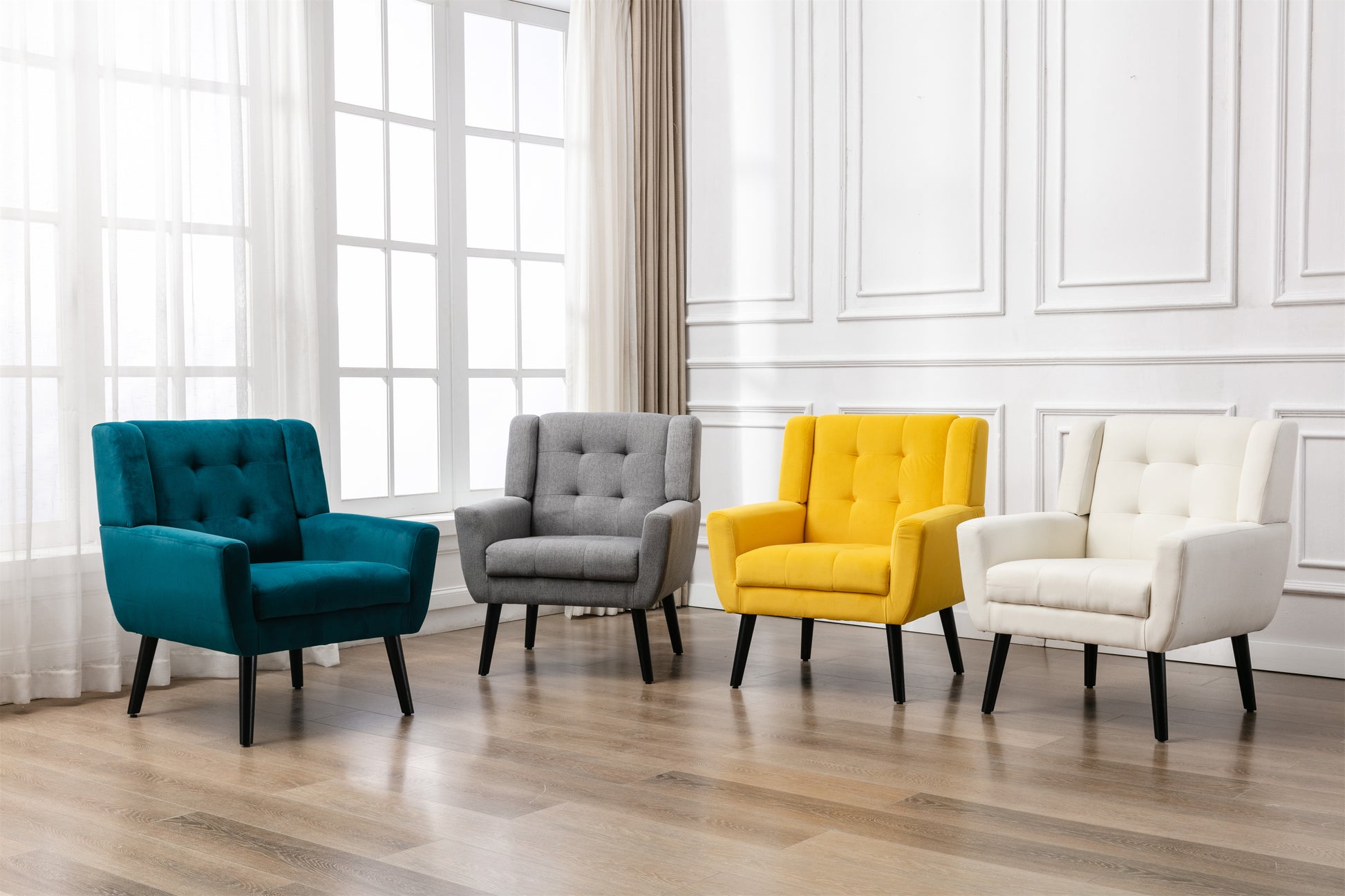 Teal velvet accent chair with tufted back and black legs for living room decor