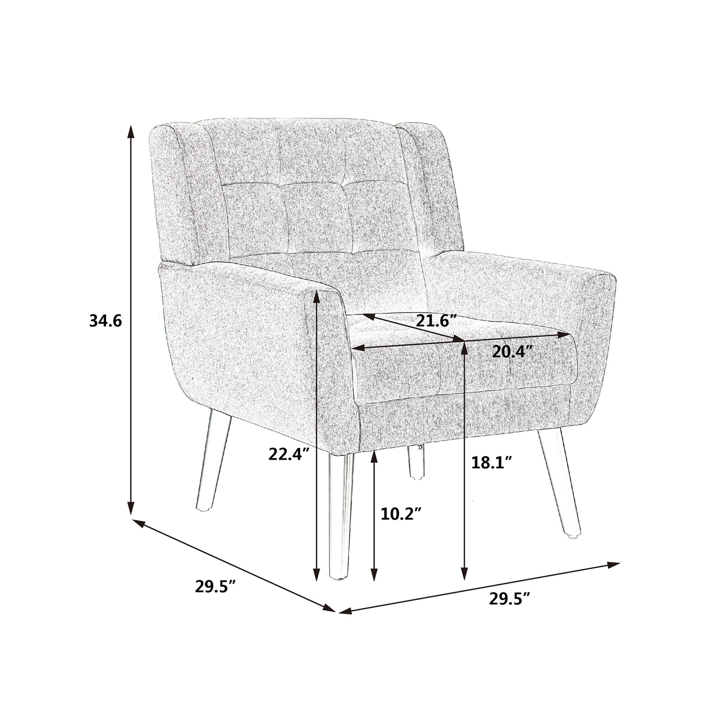 Gray upholstered accent chair with tufted back and wooden legs  seat width