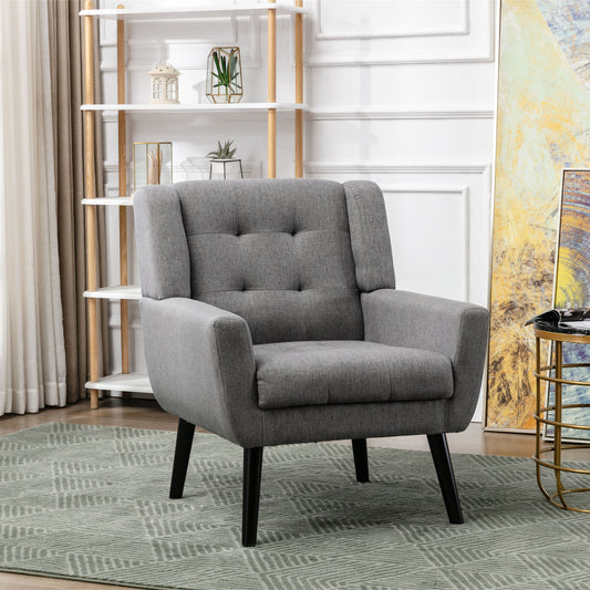 Tufted grey fabric accent chair with black tapered legs a stylish armchair