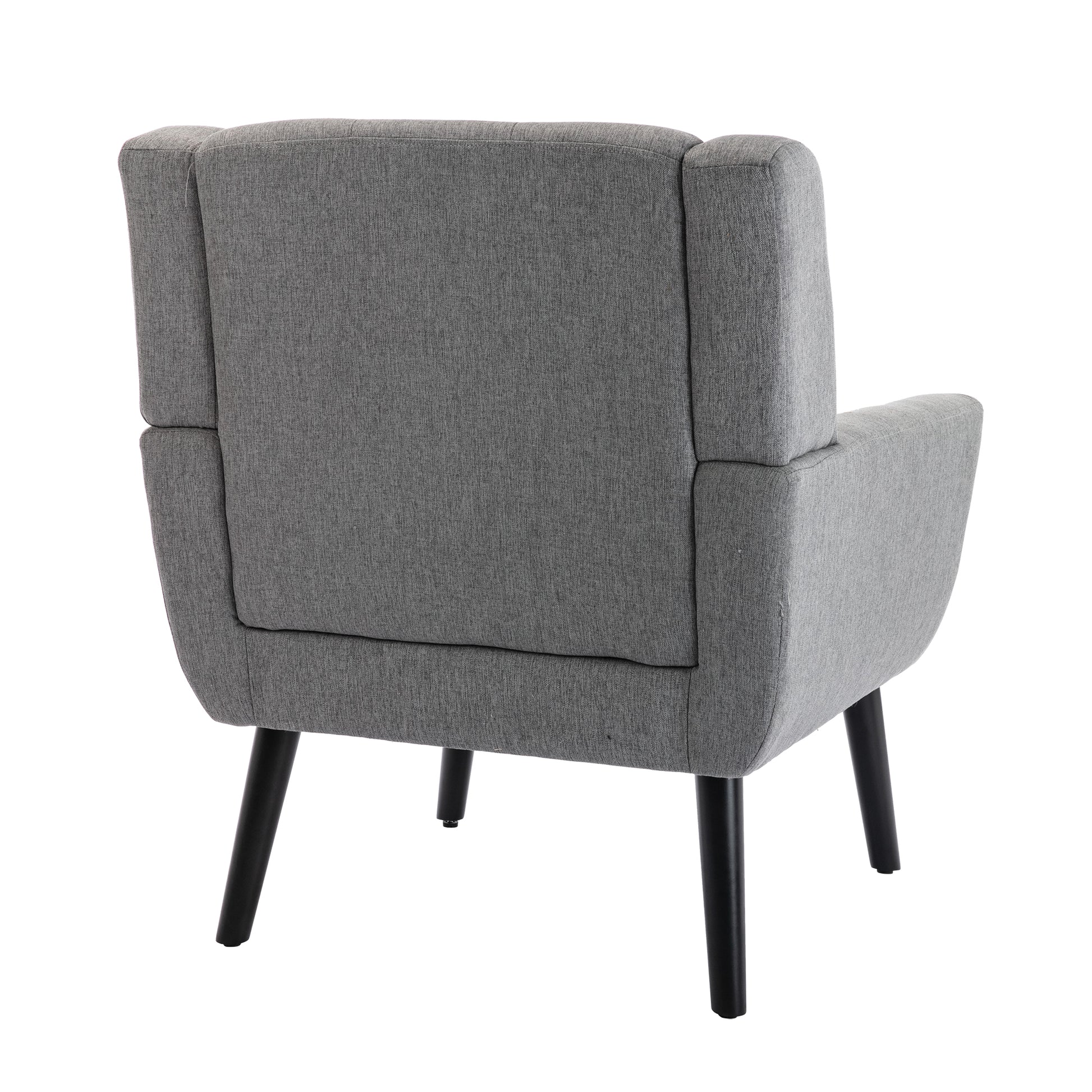 Back view of a grey fabric accent chair with tapered black legs