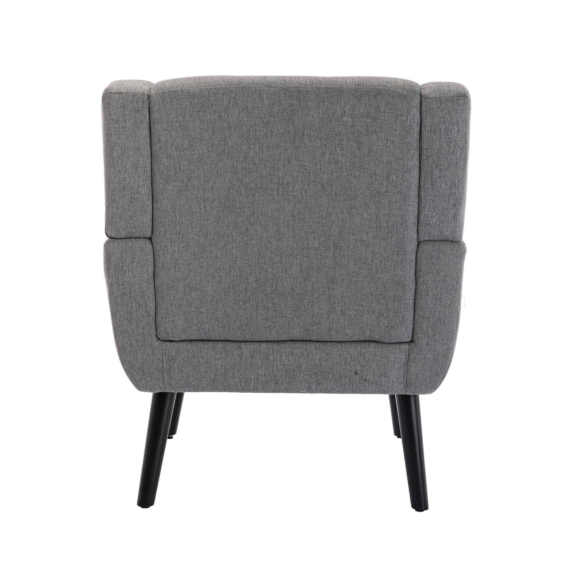 Back view of a modern grey fabric armchair with black tapered legs
