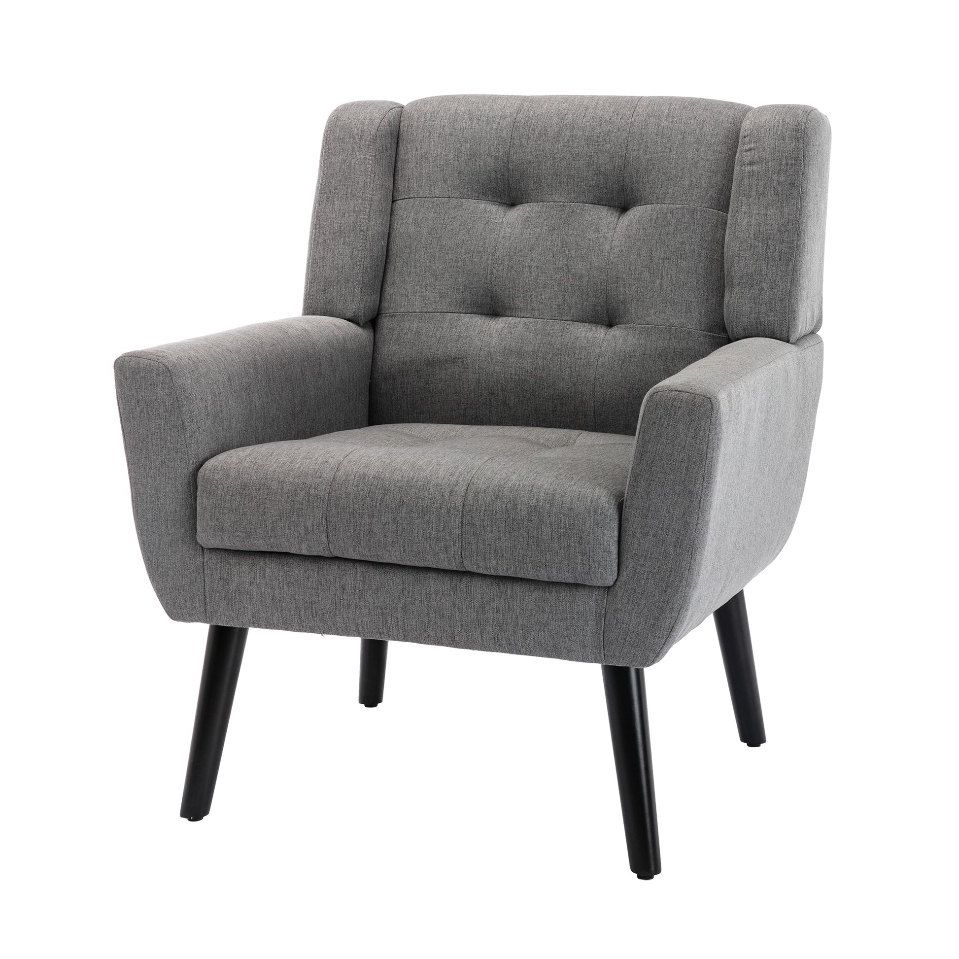 Tufted grey fabric armchair with tapered black legs ideal accent chair for any room