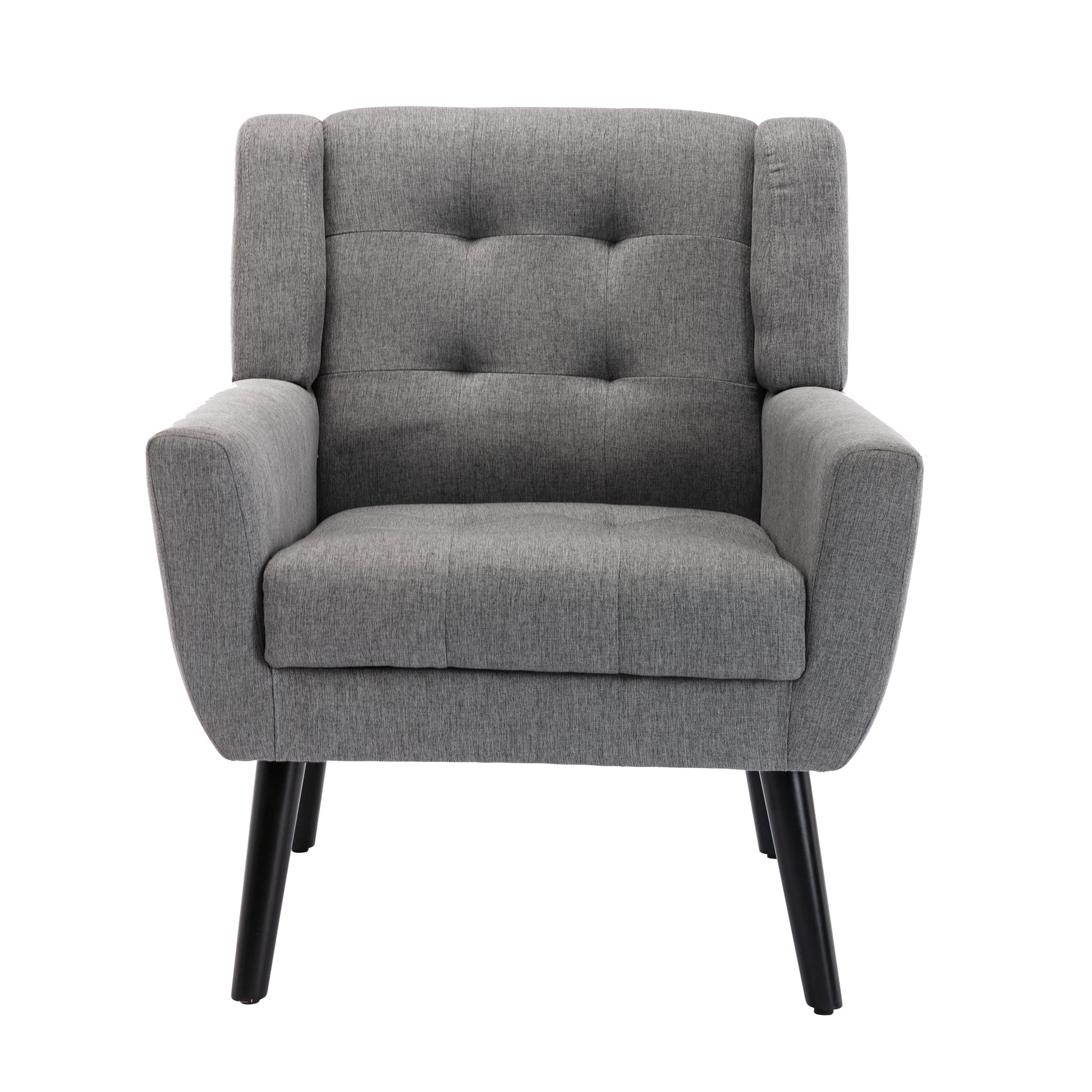 Tufted grey fabric armchair with black tapered legs