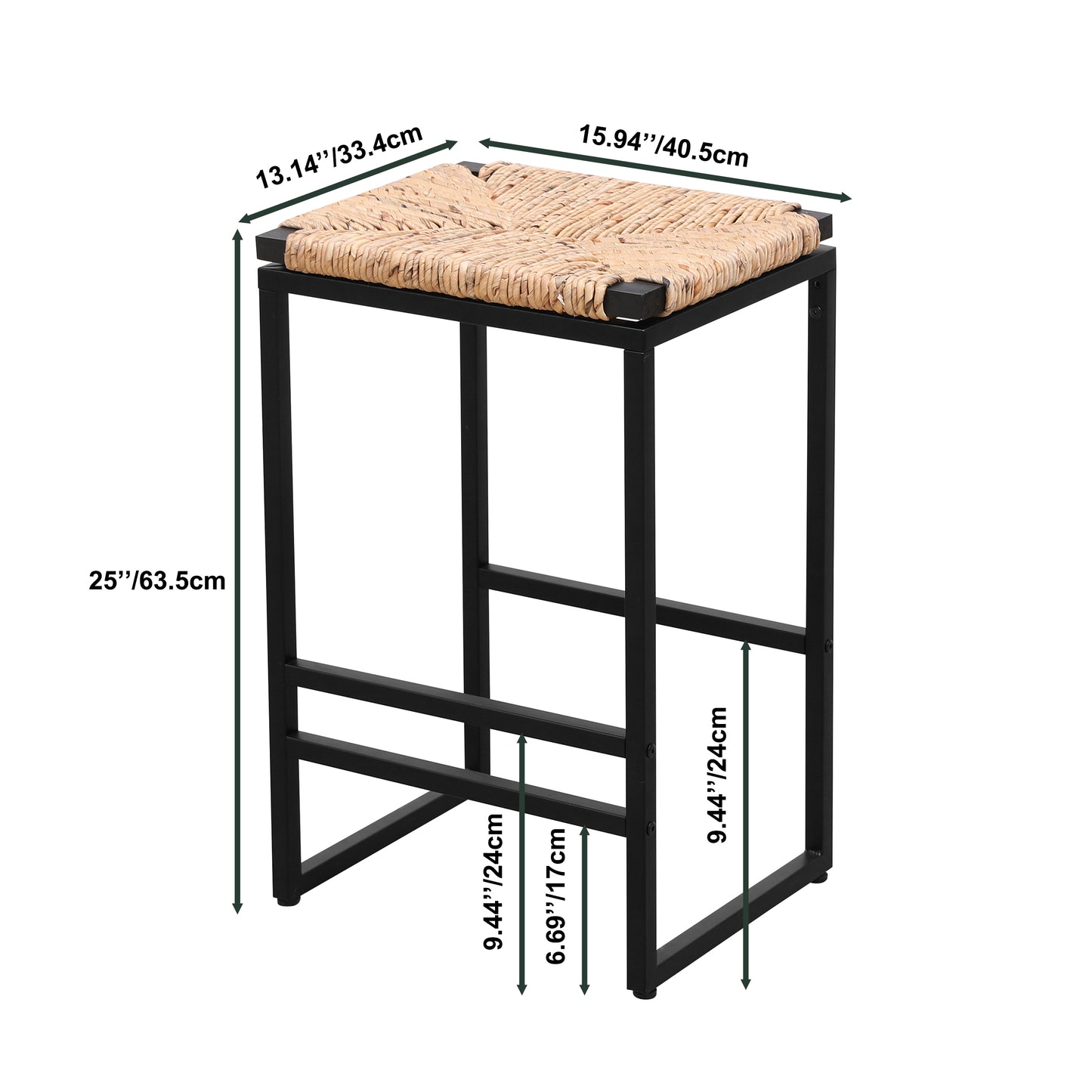 Modern bar stool with a woven raffia seat and black metal frame