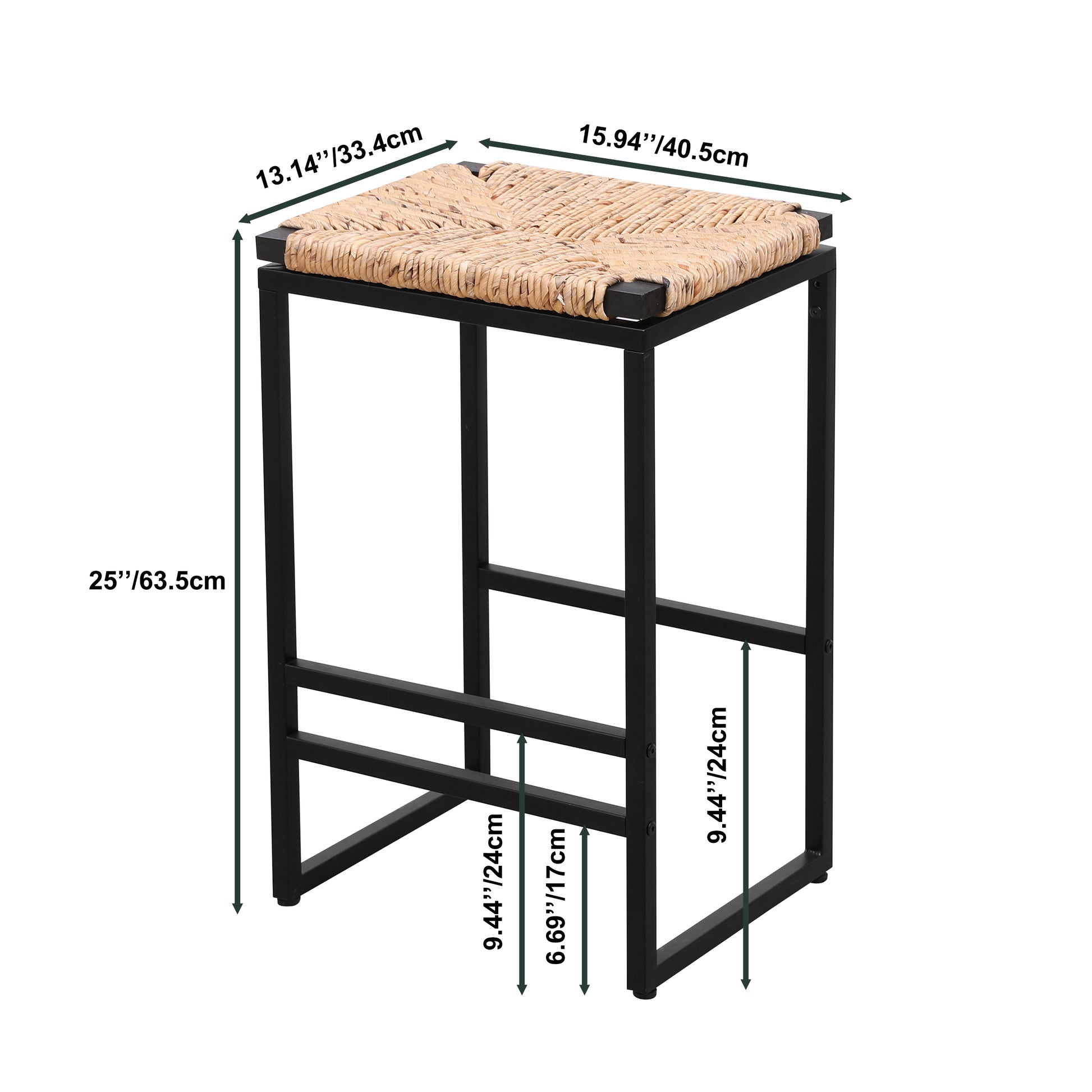 Modern bar stool with a woven raffia seat and black metal frame