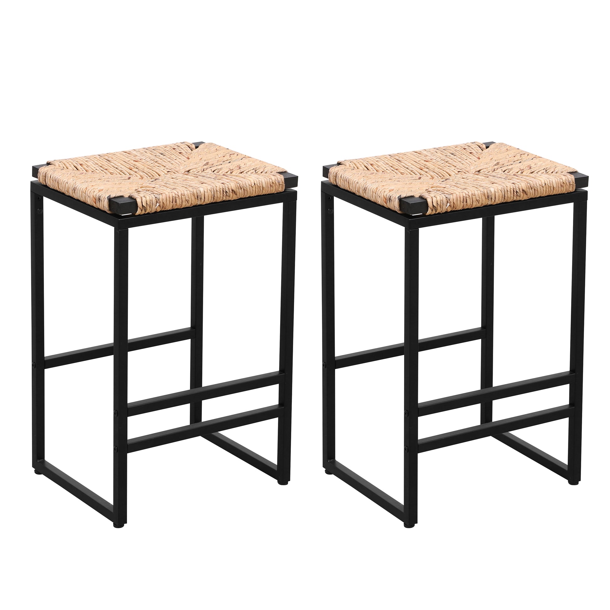Two woven seagrass bar stools with black metal frames perfect for a kitchen island