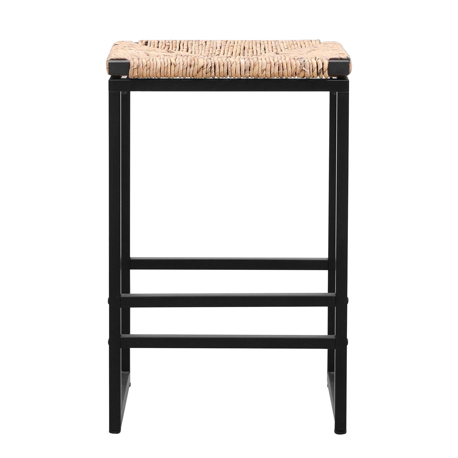 Natural woven seat bar stool with black metal frame ideal for modern kitchens