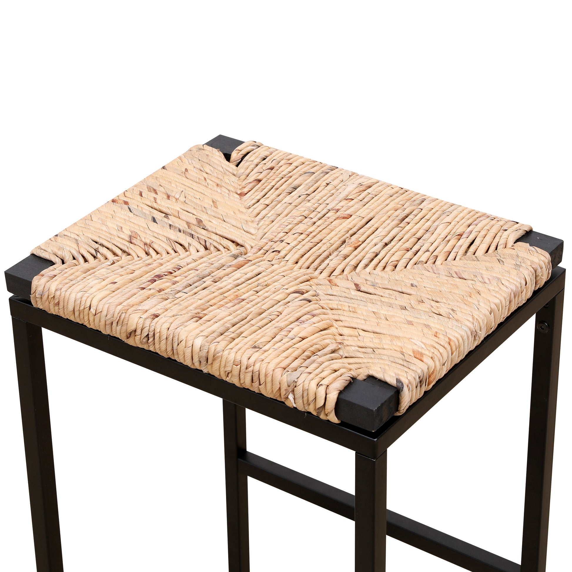 Natural woven raffia bar stool with black metal frame perfect for kitchen islands