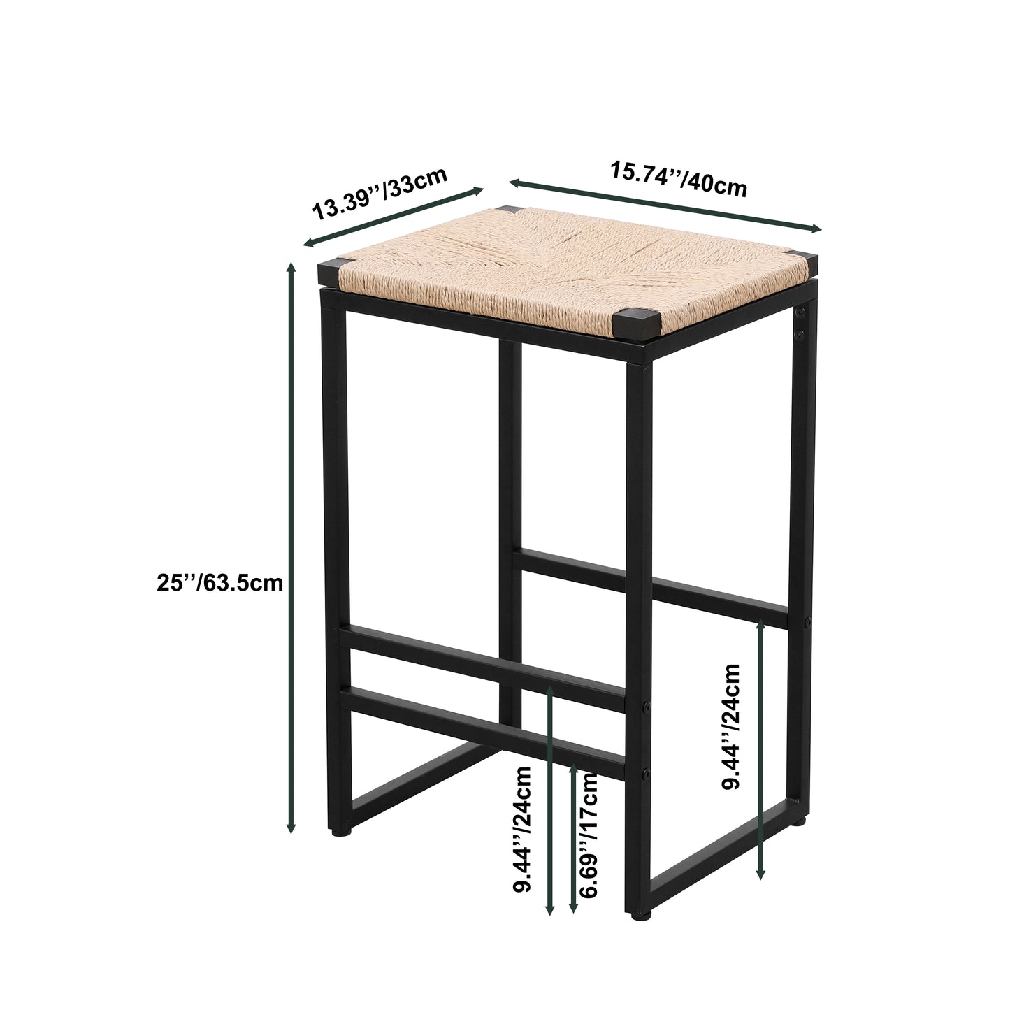 Modern black metal bar stool with natural woven seat dimensions xx inches