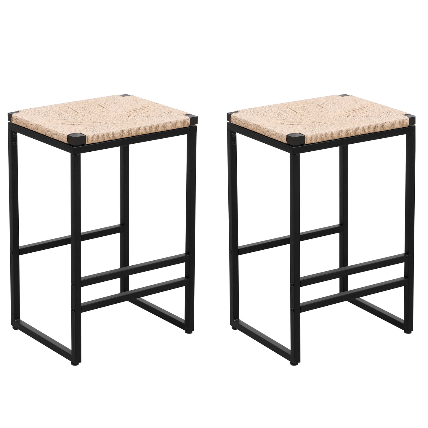 Two modern counter stools with black metal frames and natural woven seats