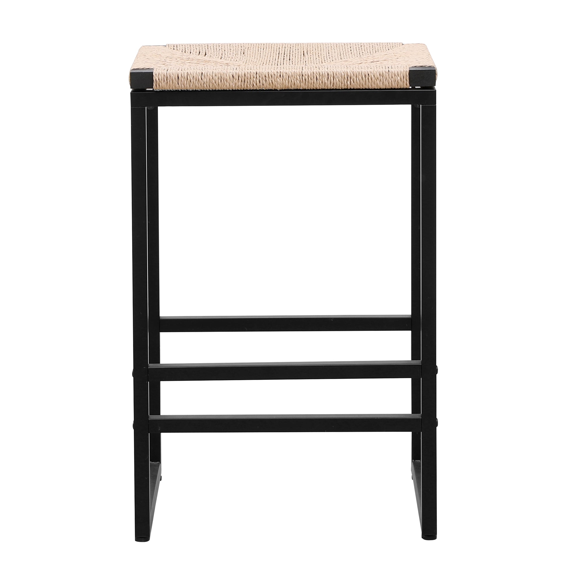 Black metal counter stool with natural woven rope seat