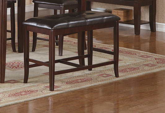 Dark brown tufted faux leather bar stool with wooden frame on patterned rug