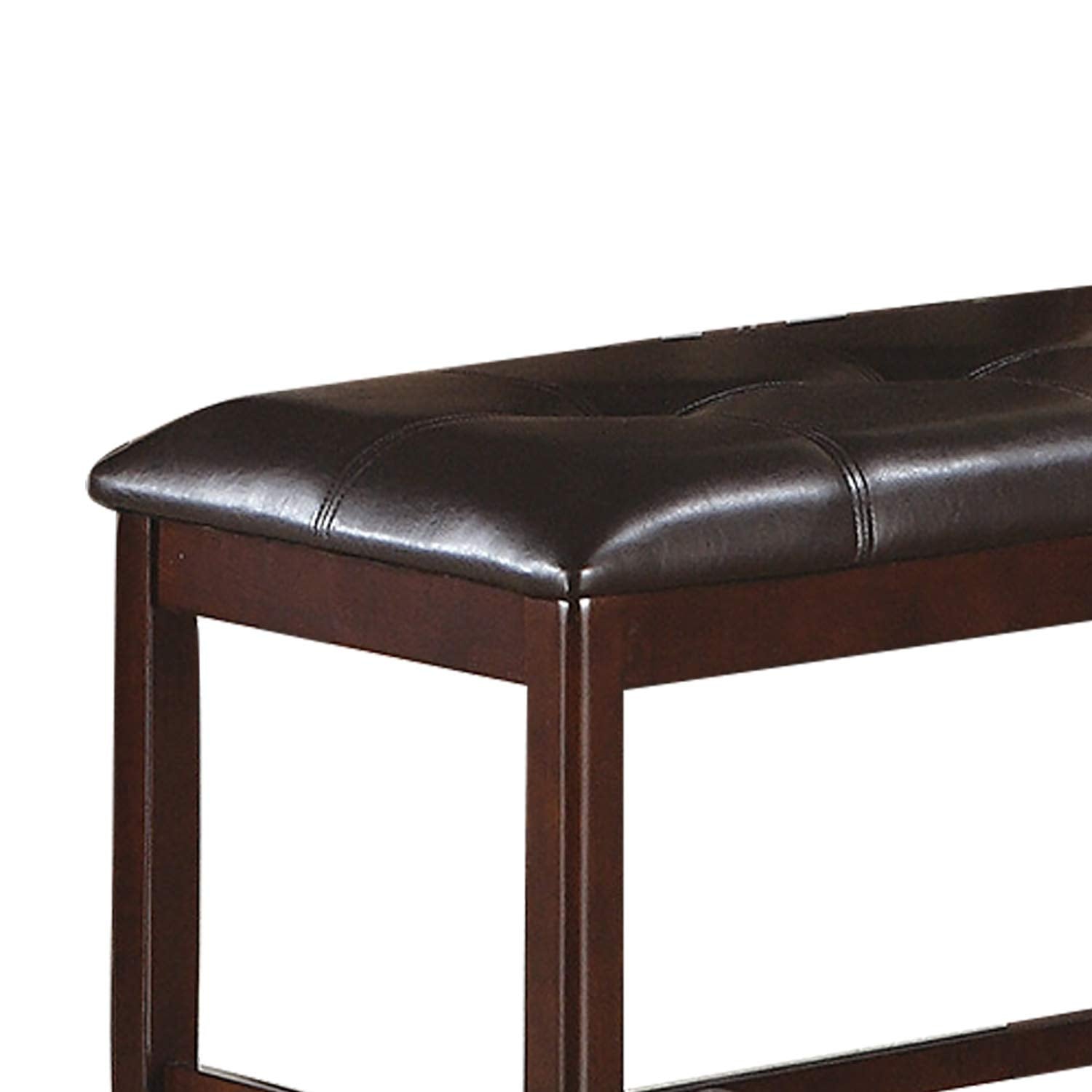 Dark brown tufted faux leather bench with dark wood legs perfect for entryways