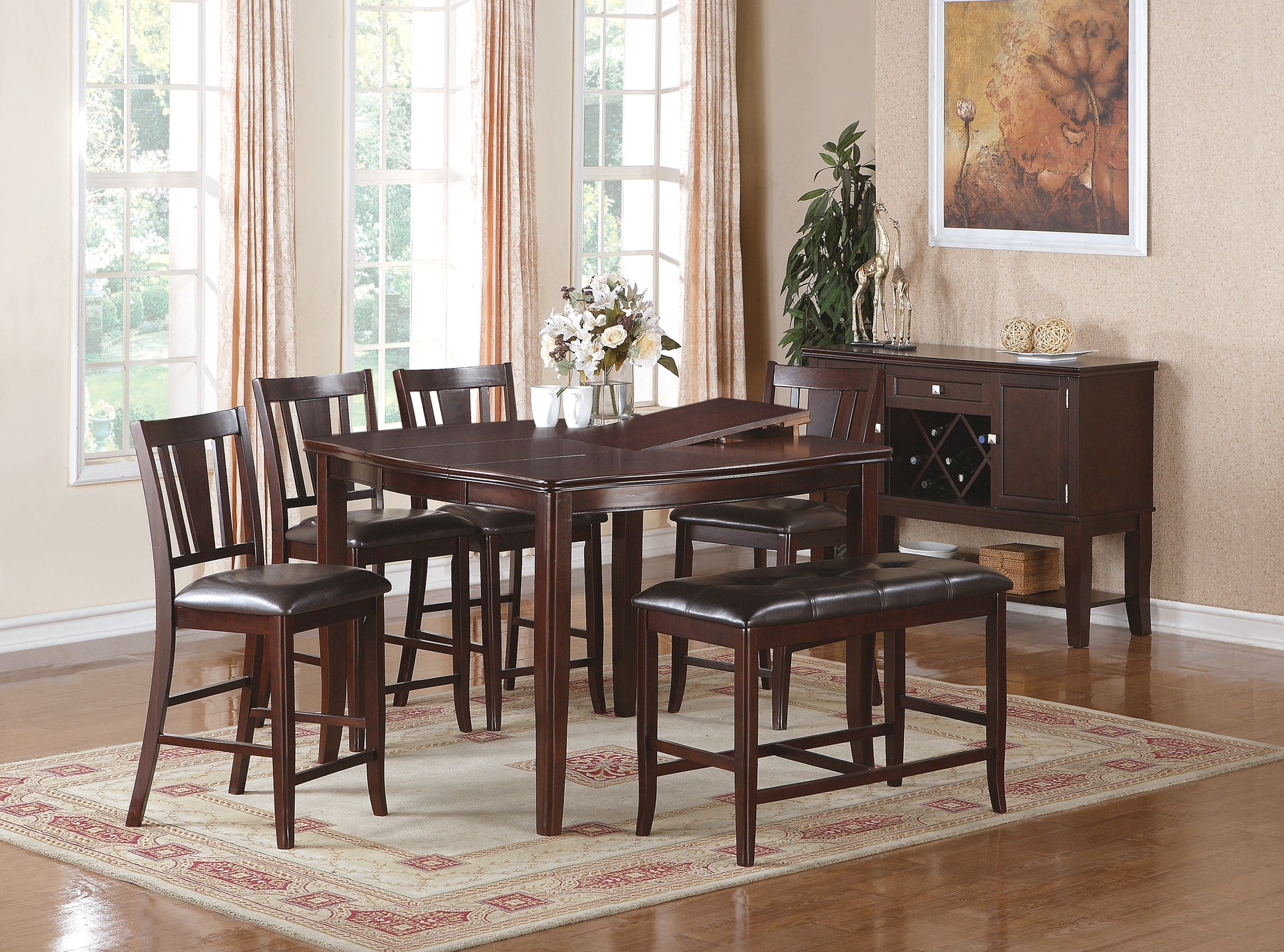 Rich dark wood dining set with upholstered bar stools and bench perfect for modern kitchens