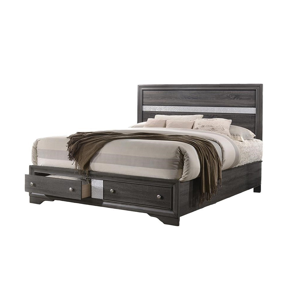 Dark gray wood platform bed with storage drawers and silver accent inlay
