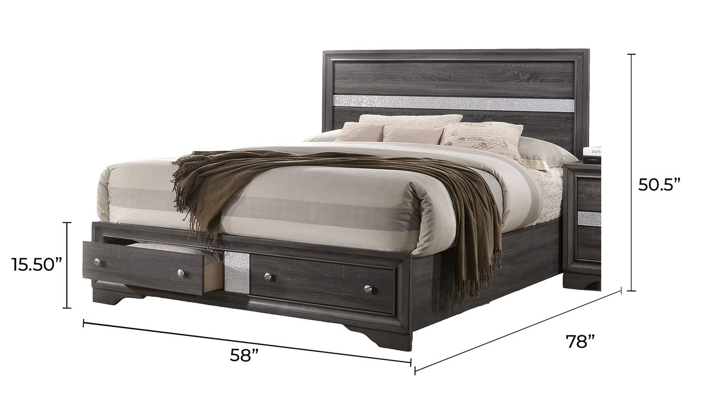 Dark gray queen bed frame with two storage drawers and decorative silver inlay
