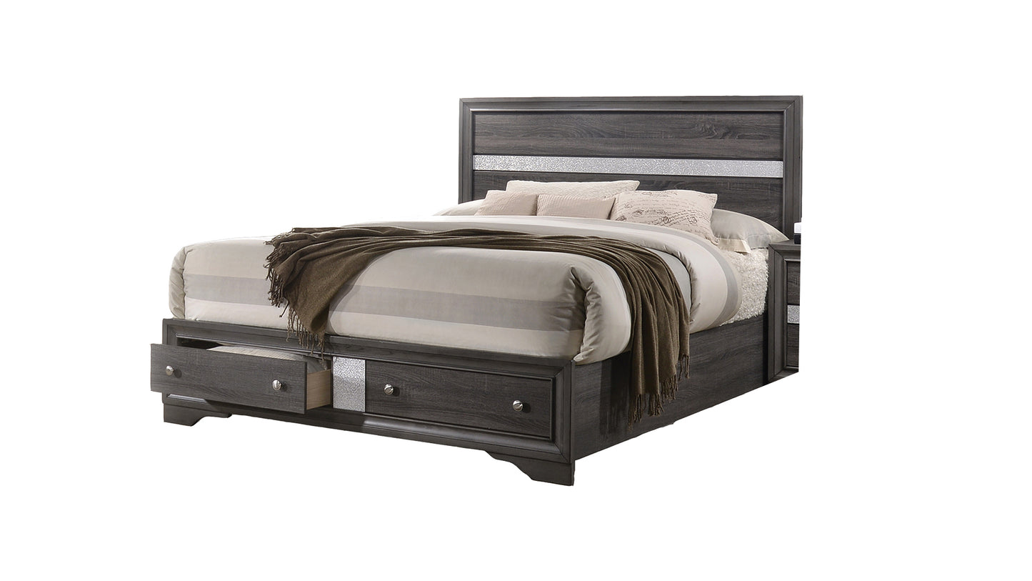 Gray wood queen bed frame with silver inlay and storage drawers