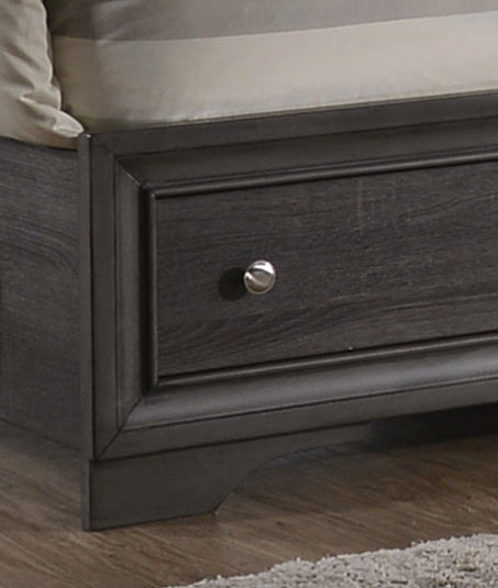 Dark grey wood dresser with silver knob and beveled drawer front