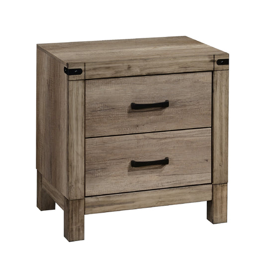 Rustic brown wood nightstand with two drawers and black metal hardware accents