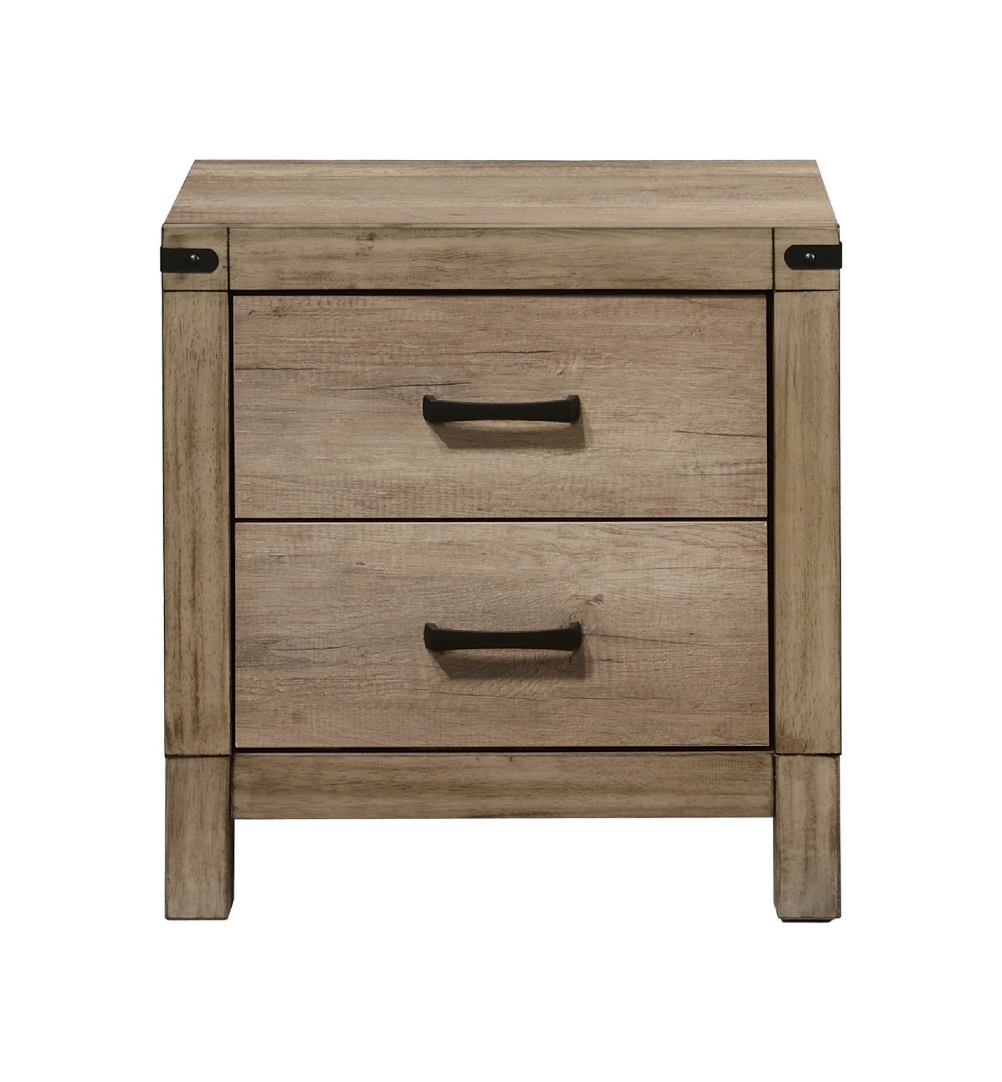 Rustic oak finish twodrawer nightstand with black hardware perfect for bedroom storage