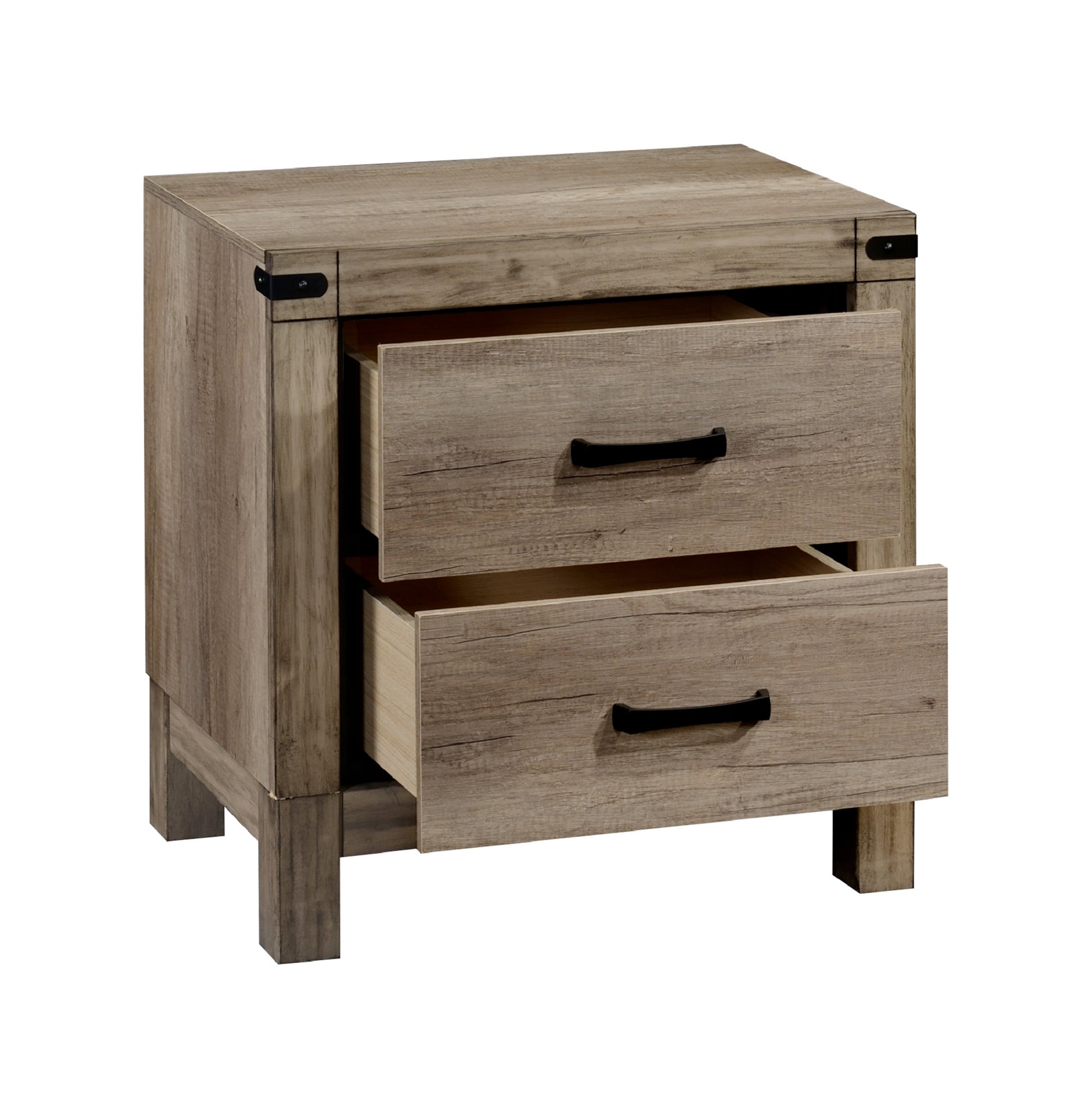 Rustic oak twodrawer nightstand with black metal hardware