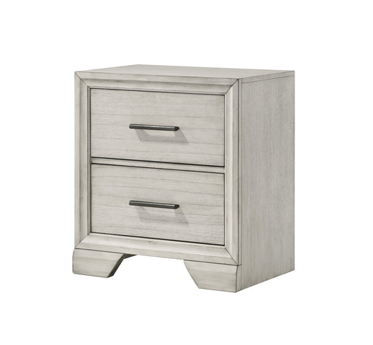 Whitewashed wood twodrawer nightstand with brushed nickel hardware ideal for modern bedrooms
