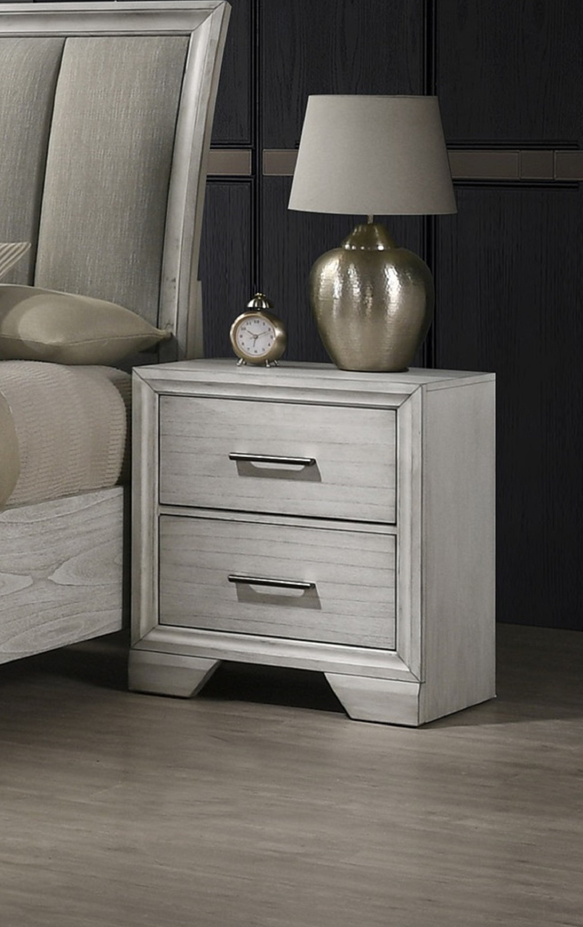 Light gray wood finish nightstand with two drawers and silver handles