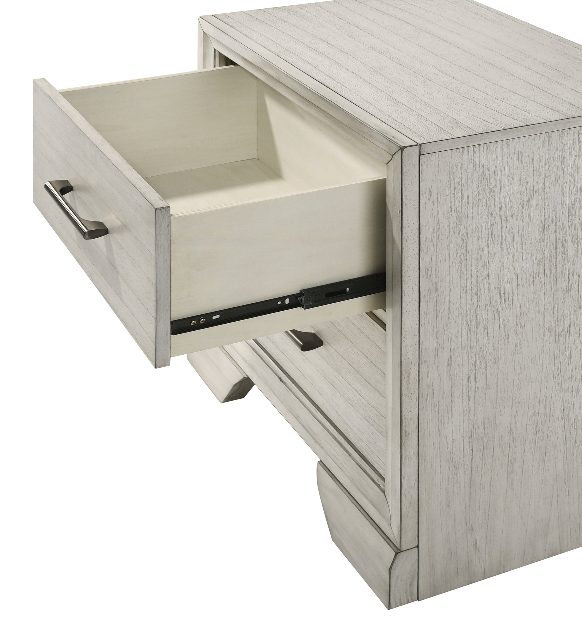 Whitewashed wood nightstand with open drawer and brushed nickel handle