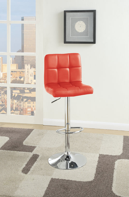 Red faux leather adjustable bar stool with tufted seat and chrome base