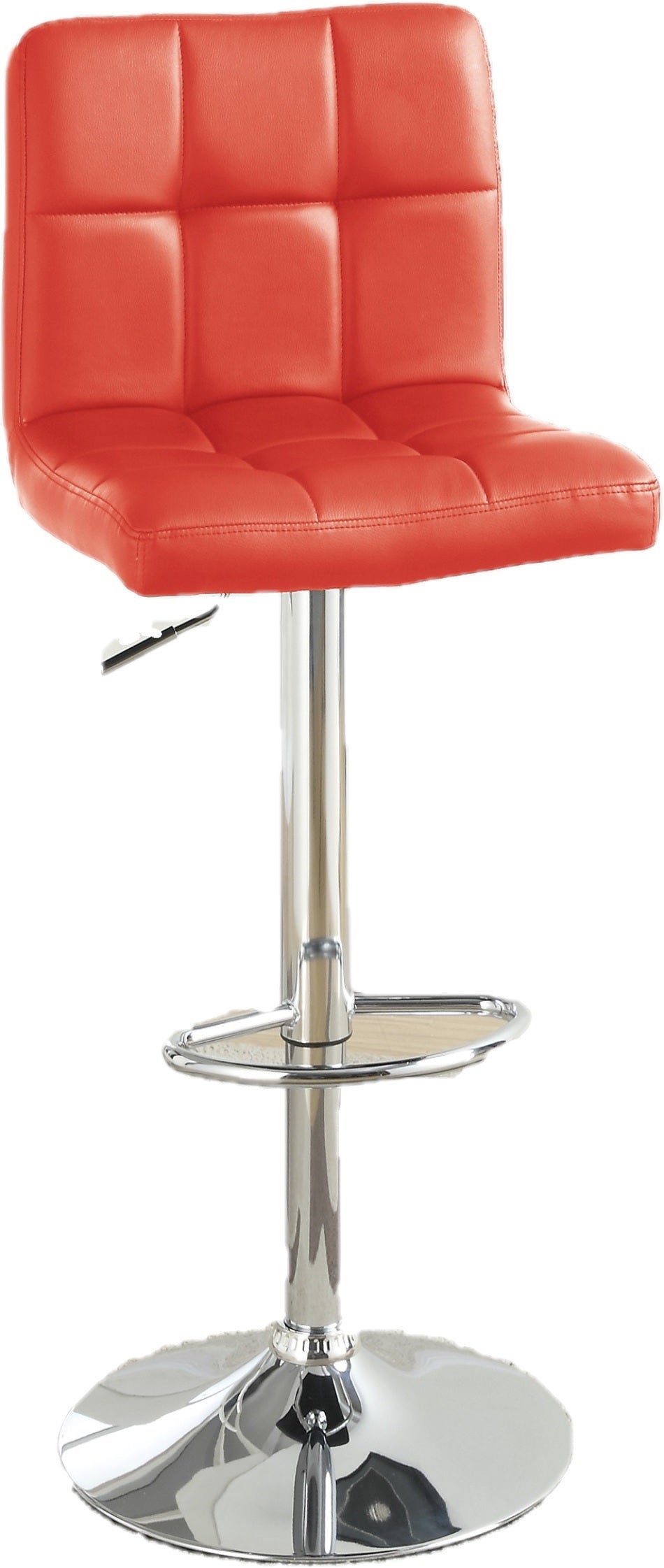 Red tufted faux leather bar stool with chrome base and adjustable height