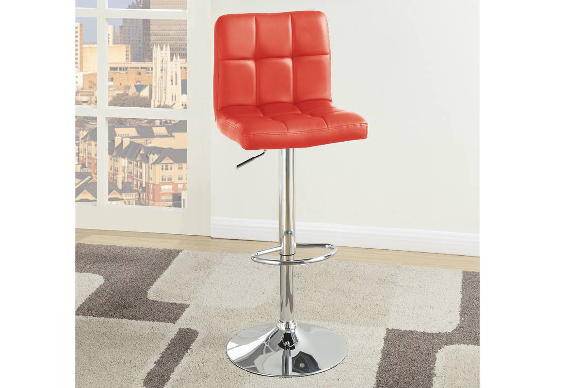 Red tufted leatherette adjustable bar stool with chrome base and footrest