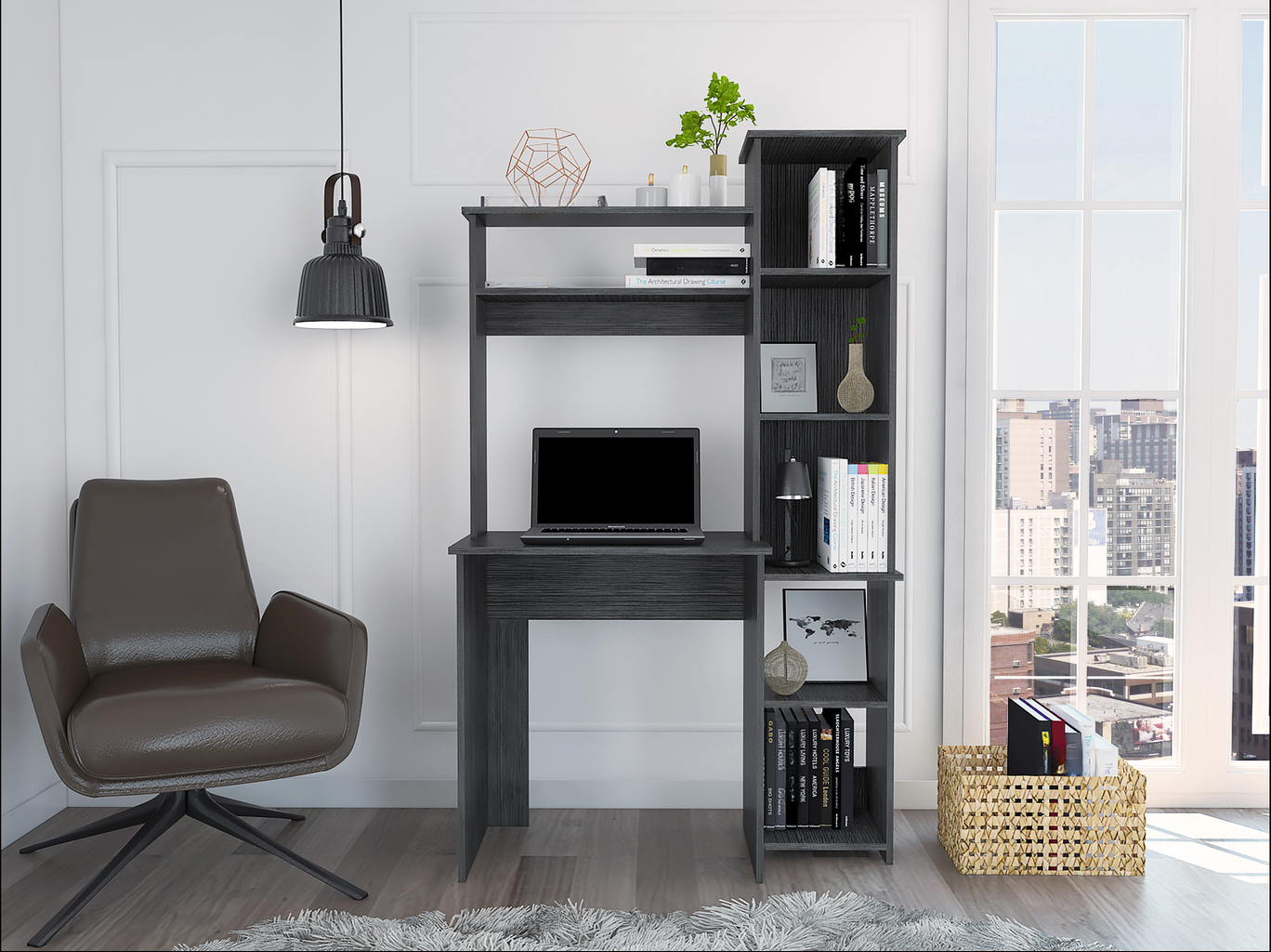 Dark gray modern computer desk with attached shelving and a laptop