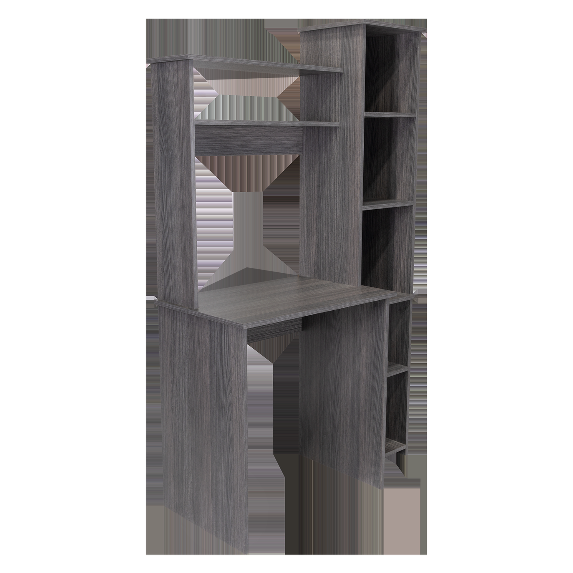 Gray wood grain computer desk with side shelving unit for storage