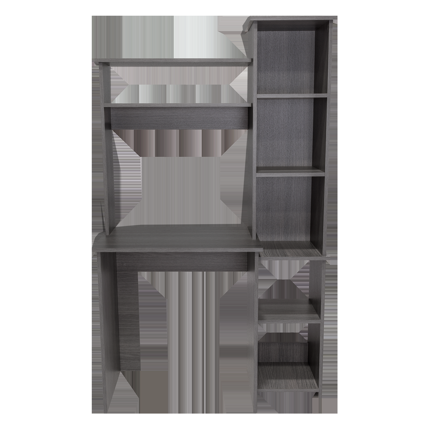 Modern gray computer desk with integrated shelving for home office