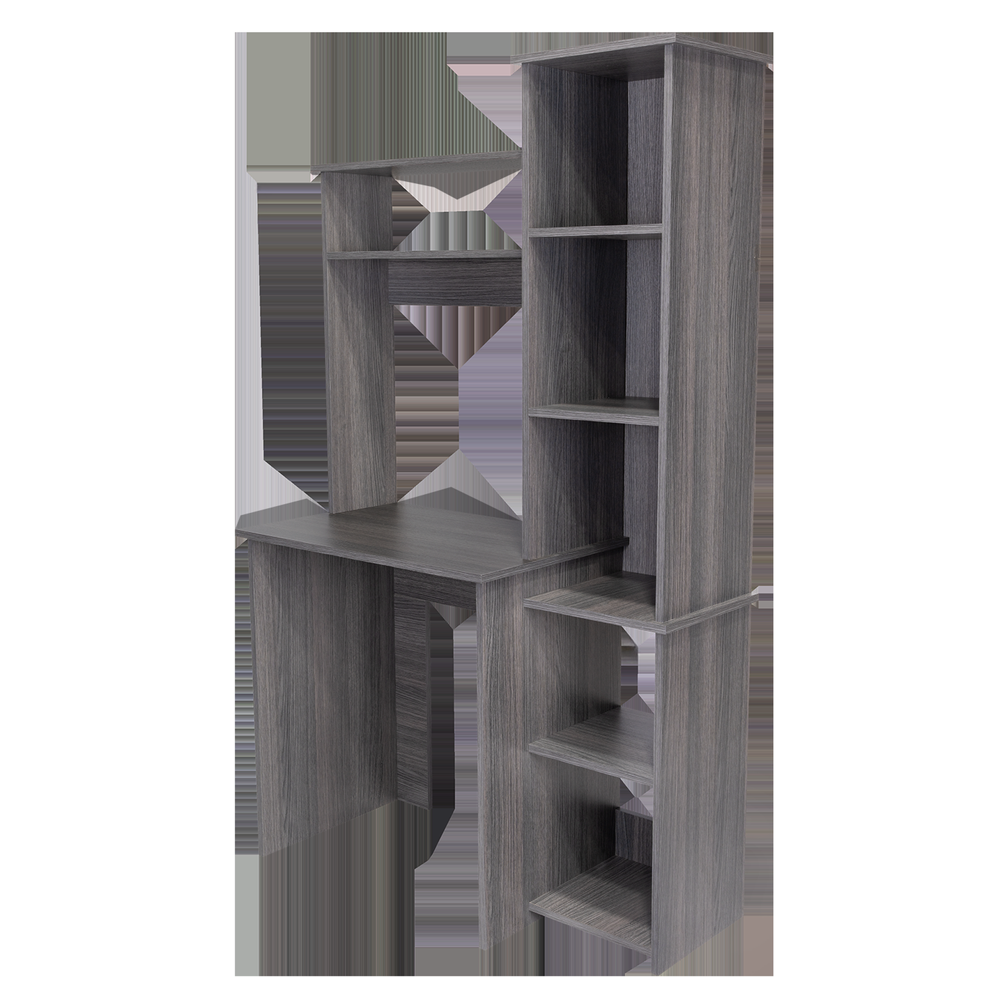 Modern grey wood computer desk with multiple shelves for storage