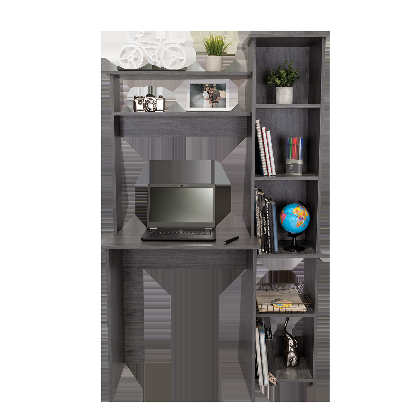 Gray laminate computer desk with integrated bookshelf and laptop