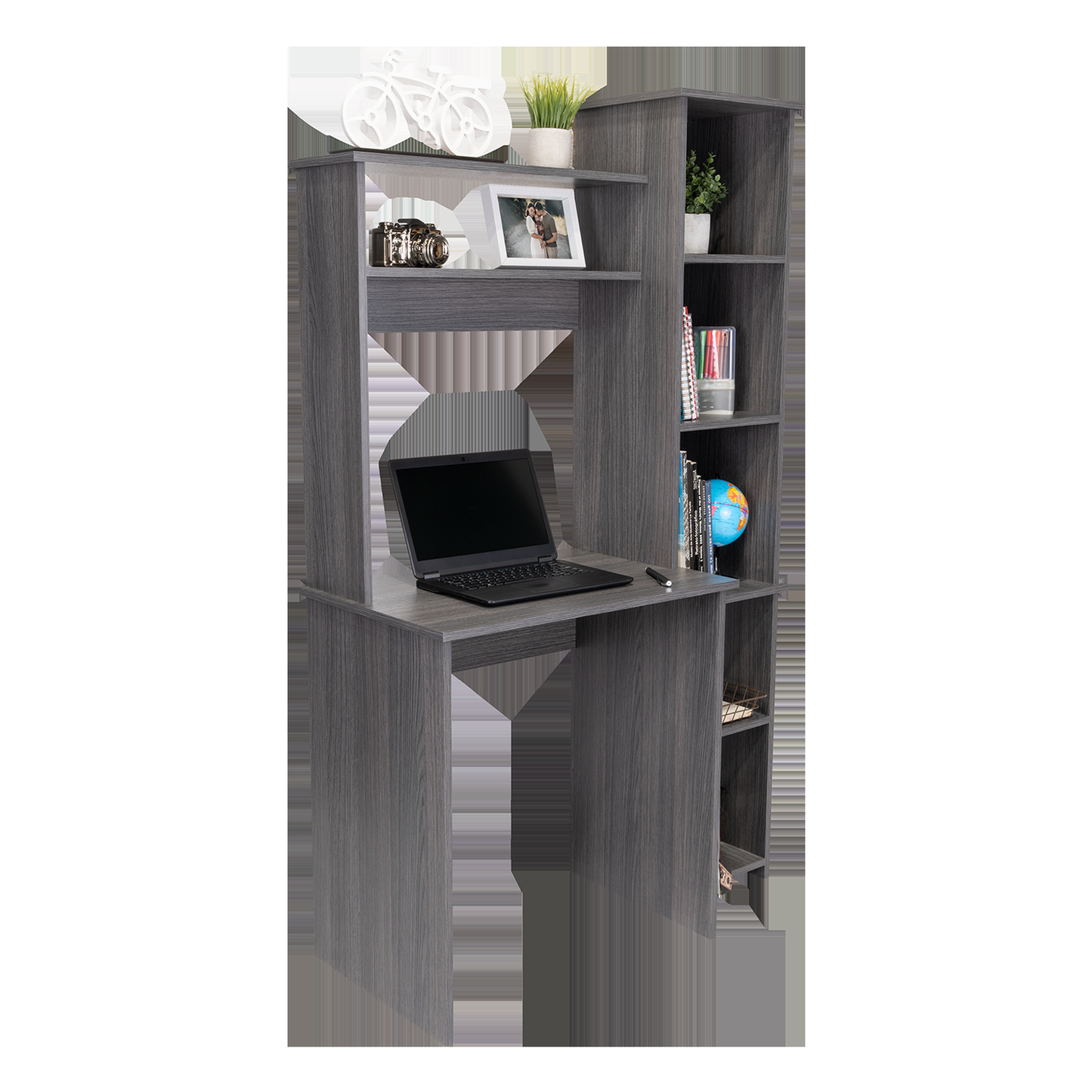 Compact grey wood computer desk with integrated shelving and laptop