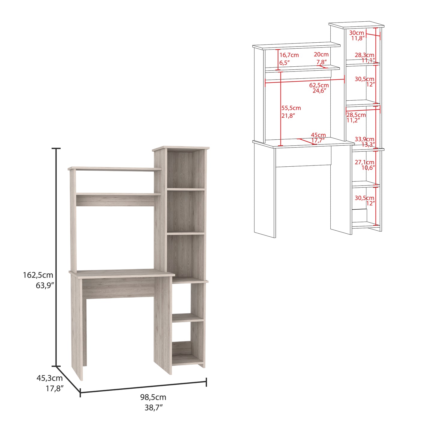 Light oak computer desk with upper shelving and side storage