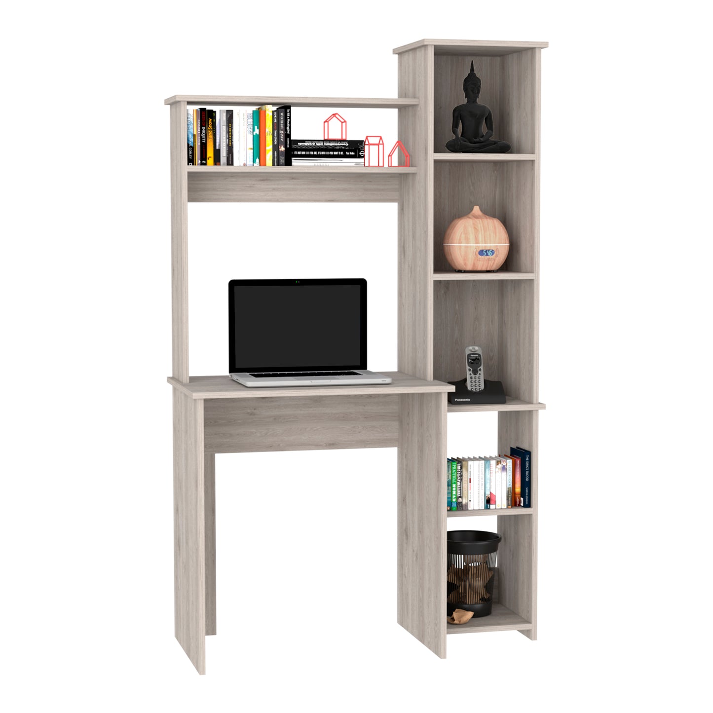Light oak computer desk with shelves featuring books a laptop and decorative items