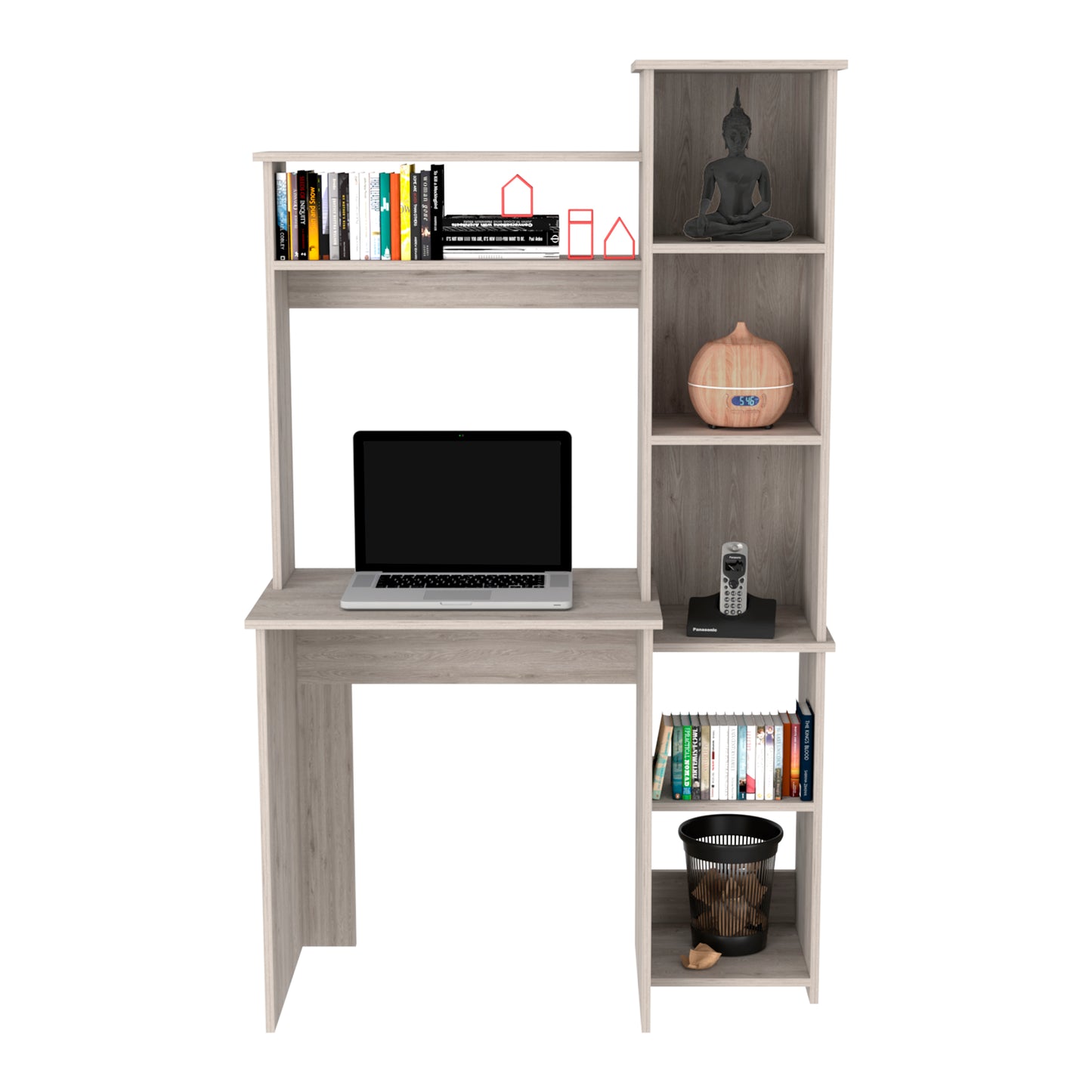 Modern wood grain computer desk with integrated bookshelf and laptop
