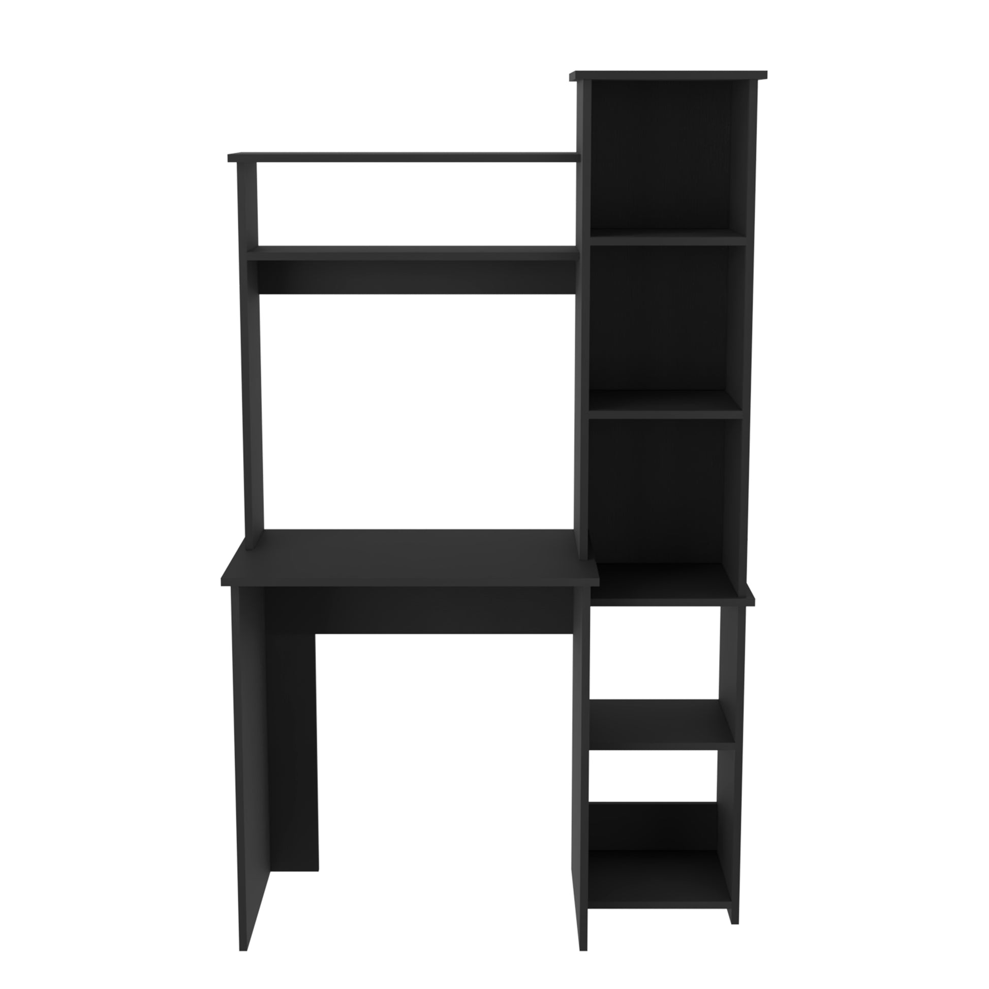 Sleek black modern computer desk with integrated shelving unit for home office
