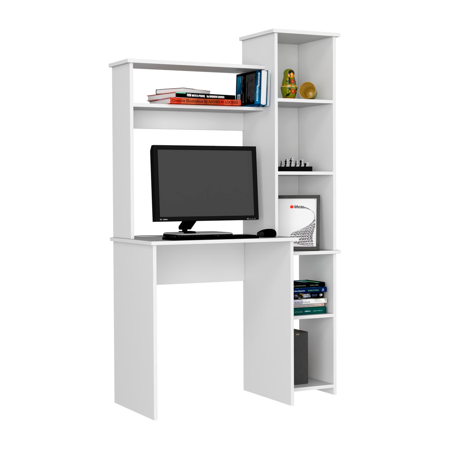 White computer desk with integrated shelving and monitor for home office use