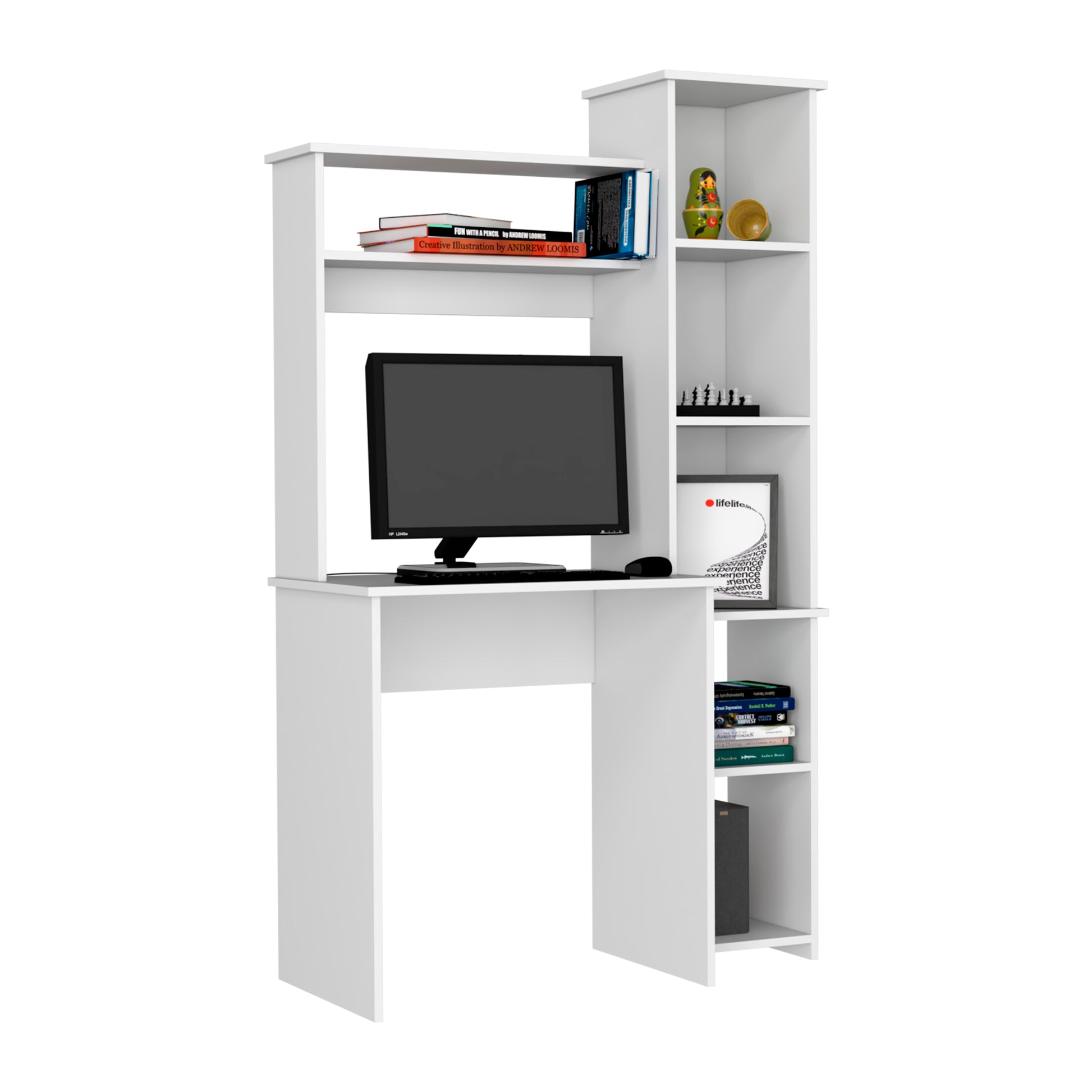 White computer desk with integrated shelving and monitor for home office use
