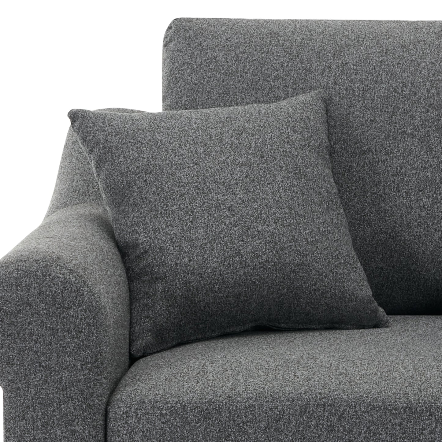 Closeup of a textured charcoal grey throw pillow on a matching sofa